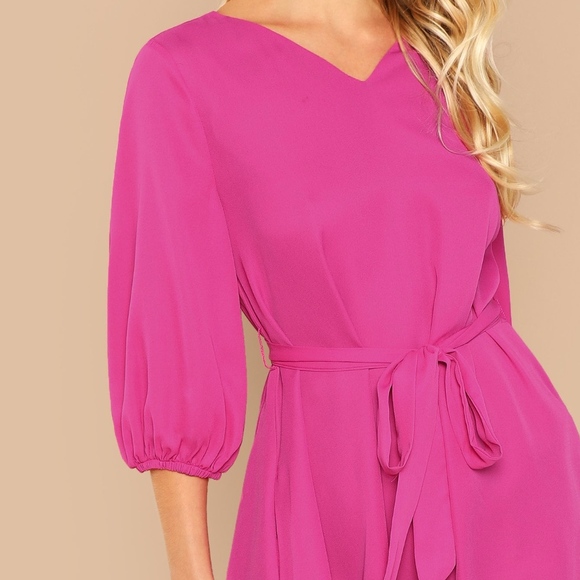 Lantern Sleeve Tie Belted Fuchsia Hot Pink Dress - Picture 4 of 7